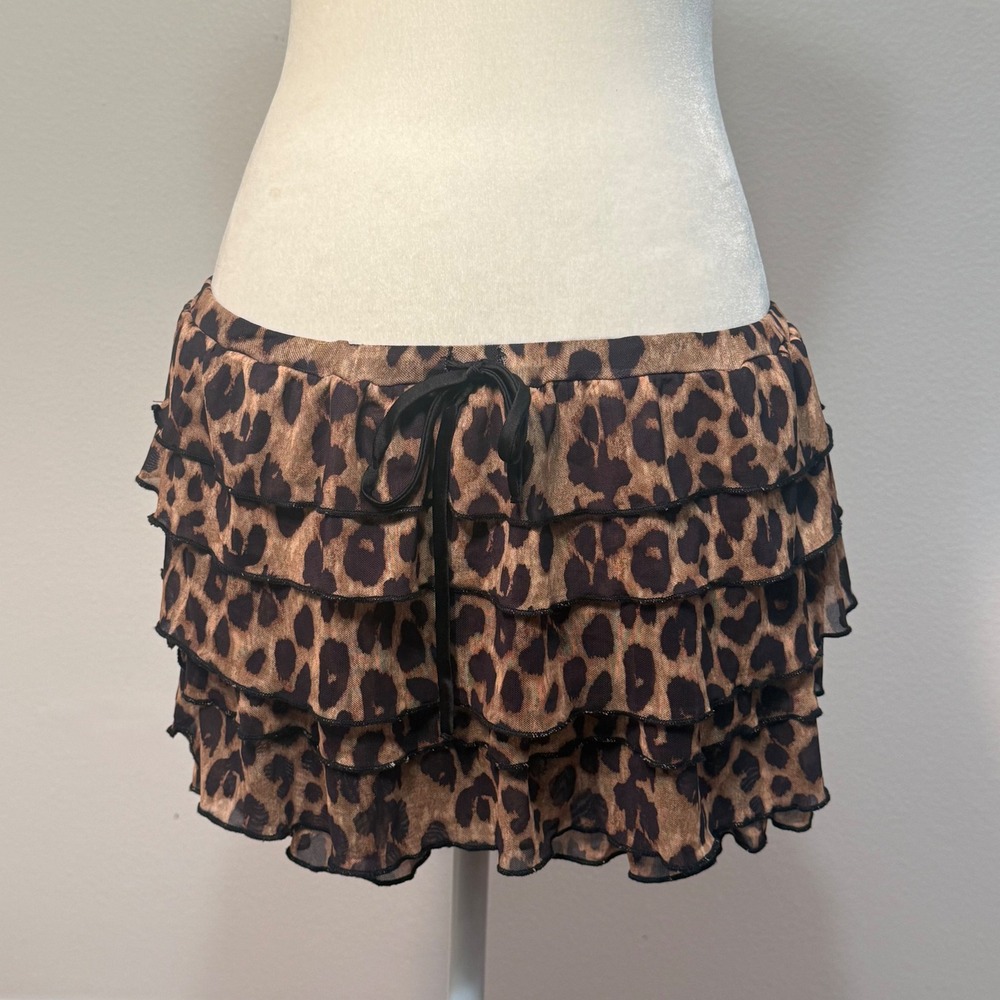 Leopard Coquette Ruffle Boho Tiered Bloomer Skort Women M Brown